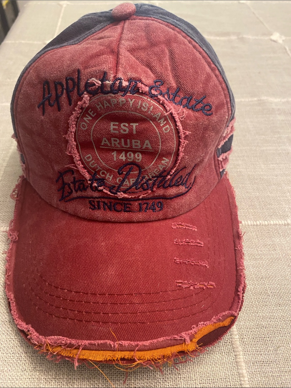 Aruba Embroidered Distressed Baseball Cap - Red with Navy Accents